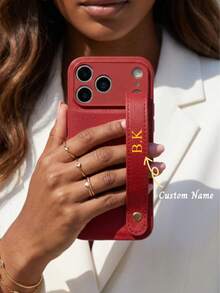 Luxury Litchi Texture Monogram Wrist Strap Phone Case Compatible With Apple 17 Pro Max 16 15 14 13 12 11 Pro, Customizable Monogram Name, Minimalist Anti-Fingerprint Anti-Drop Anti-Shock Couple Phone Case Soft Shell, Valentine's Day Gift, Birthday Gift, Holiday Gift, Personalized Gift For Him And Her - Chocolate Brown - View 3