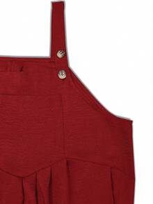 Plus Size Women Loose Pocket Wide Leg Casual Solid Color Suspender Pants - 紅色 - 查看 4