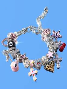 1pc Pink Leopard Print Cross Charm Bracelet, Pink Leopard Heart Bracelet, Pink 8 Ball DIY Bracelet, Leopard Leopard Bracelet, Cherry Cross Bracelet - Silver - View 12