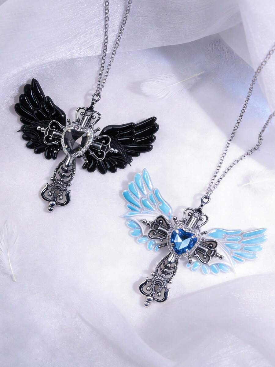 2件套 Y2K哥特风时尚可爱性感创意设计独特小众黑白翅膀十字架吊坠项链，适合日常休闲、节日、生日、派对、周年纪念日，或作为情人节、母亲节礼物。 - Y2K項鍊 - 查看 1