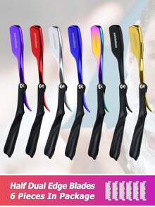 univinlions 6" Foldable Black Handle Spring Internal Sharp Barber Razor + 6 Blades Dual Edge Blade Shaver Beard Face Underarm Body Shaving - Multicolor - View 1