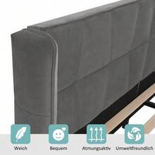 Upholstered Bed 180 X 200 Cm With Slatted Base And Headboard, Children's Bed, Suitable For Adults And Teenagers, Wooden Slatted Frame, Easy Assembly, Velvet, Grey - Grey - View 5