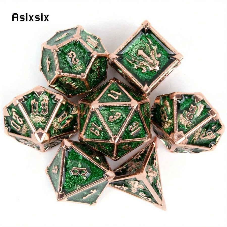 Asixsix 7颗绿色金色骷髅金属骰子，实心金属多面骰子套装，适用于角色扮演游戏、桌游和卡牌游戏 - 綠色 - 查看 1