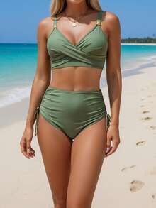 Women High Waisted Bikini Twist Ruched Bra And Drawstrings Tummy Control Bottoms Sets For Summer Beachwear - 軍綠色 - 查看 6