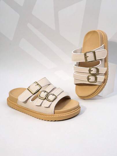 1 Pair Girls' Beige Triple-Buckle Non-Slip Slide Sandals For Everyday Casual Use