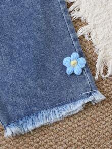 Girls Korean Style Striped Patchwork 2 In 1 Top And Wide Leg Jeans With 3D Floral Decor, 2pcs Set - Royal Blue - View 9