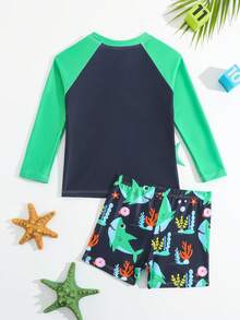 Set de 2 trajes de baño para niños con estampado de tiburón, cola de pez con bloques de color y decoración 3D, tela elástica y de secado rápido, cómoda, estilo de resort de moda para niños, adecuado para surf al aire libre, fiesta de natación, vacaciones en la playa - Negro - Ver 2