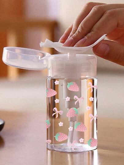 Pink Bow Strawberry Pattern Refillable Travel Bottle, Makeup Remover Dispenser Bottle With 3.38oz/6.76oz Portable Pump Head, Suitable For Nail Polish Remover, Toner And Makeup Remover, Round Top Design, Hand Wash, Reusable, Makeup Remover Bottle, Mother's Day Gift, Essential For Spring And Summer