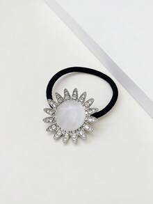 1pc Elegant Rhinestone Cat Eye Stone Flower Hair Scrunchie, Sunflower Design, High Elasticity Ponytail Holder For Daily Use - Multicolor - View 3