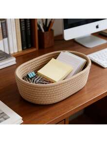 1个大容量椭圆形手工编织收纳篮，波西米亚风格编织篮，椭圆形编织收纳篮，适合存放小物件和其他物品，适用于厨房、浴室、杂物间、卧室、客厅、宿舍、书桌、梳妆台、家居装饰、浴室收纳，也适合存放零食。 - 卡其色 - 查看 3