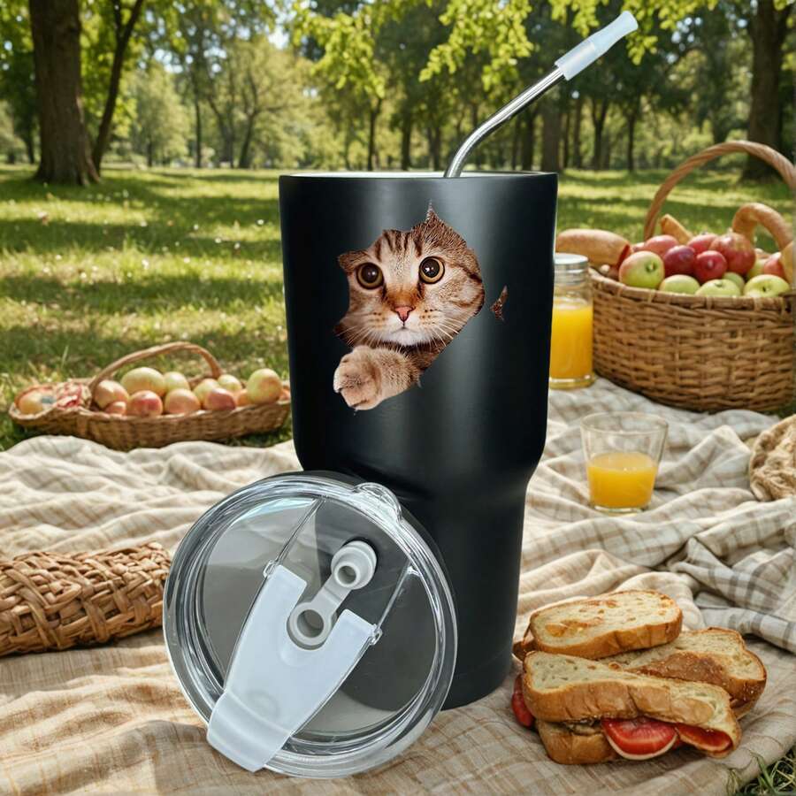 30oz Stainless Steel Tumbler Black White Options, Cat Face With Paw Emerging From Cup Graphic Cups, Insulated Travel Coffee Mug With Lid And Straw , Double Wall Vacuum Reusable Travel Cups, Funny Birthday Party Gift For Women & Men - 黑色 - 查看 1