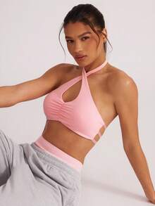 Hauture Women's Sports Bra With Front Ruched Halter Neck, Removable Padded Criss-Cross Straps, Suitable For Daily Casual Wear, Tennis, Yoga, Gym And More - Pink - View 6