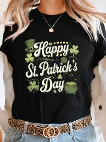 Women's St. Patrick's Day Pattern T-Shirt - Bright Green Short Sleeve Round Neck Top With Clover And Leprechaun Hat Print, Soft Stretchy Casual Spring Summer Wear, Women's T-Shirt, Festive Outfit, Fun Design, Comfortable Fit Shirt - 黑色 - 查看 1