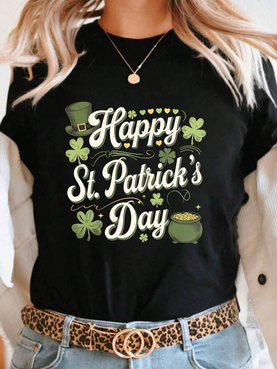 Women's St. Patrick's Day Pattern T-Shirt - Bright Green Short Sleeve Round Neck Top With Clover And Leprechaun Hat Print, Soft Stretchy Casual Spring Summer Wear, Women's T-Shirt, Festive Outfit, Fun Design, Comfortable Fit Shirt - 黑色 - 查看 1