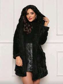Women's Teddy Plush Maxi Coat With Hood, Winter Style. - 黑色 - 查看 3