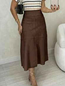 Women's Suede Skirt With Zipper And Pocket. Stylish And Elegant, Perfect For Evangelical Fashion, Evening Wear, Parties, Church Services. New Arrival. - 深棕色 - 查看 3