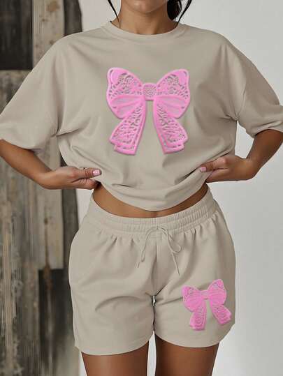 HESSEN Women's Casual Solid Color Loose Fit Bow Tie Sweatshirt, Foil Print Round Neck Top And Shorts 2 Piece Set, Women's Two Pieces Outfit, Gym Jogging Suit, Back To School Outfit, Women Teacher's Casual Wear, Valentine's Day, New Year