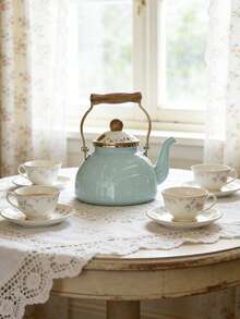 Tetera retro de estilo oriental fresco, diseño de lunares y flores, gran capacidad con asa de madera sólida resistente al calor, ebullición rápida para el té de la mañana y uso diario - Ver 3