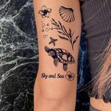 AMIFANS 夏日天空与海洋生物临时纹身贴纸，半永久海龟纹身贴纸，可持续1-2周，持久耐用，果汁纹身贴纸，逼真纹身贴纸，浪漫纹身贴纸，仿真纹身贴纸，防水，外观逼真，独家设计，水果纹身贴纸，植物纹身贴纸 - 黑色 - 查看 4