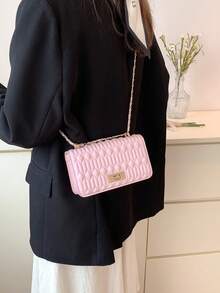 Faux Leather Solid Color Crocodile Embossed Fashion Mini Chain Shoulder Bag - Pink - View 4