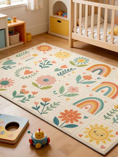 1 pieza Alfombra decorativa para el piso del cuarto de niños con elementos de primavera de girasol y arcoíris, alfombra decorativa, decoración de dormitorio, alfombra pequeña, alfombra, decoración del hogar, alfombra de sala de estar, alfombra pequeña de sala de estar, alfombra de dormitorio, decoración del hogar de sala de estar, alfombra de exterior, alfombra lavable