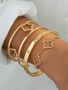 3件套奢华百搭经典优雅镂空四叶草和五叶草金色闪亮手链套装（女士款） - 金黃色 - 查看 1