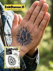 1套“信仰之光”新技术临时纹身贴纸，半永久性假纹身，防水持久，祈祷之手图案，植物墨水，Dance Of Ink礼品套装X214 - 黑色 - 查看 1