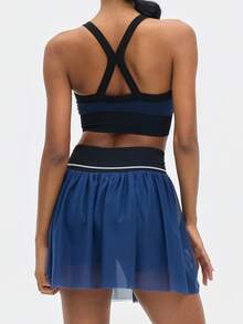 Leorrey Women's Fashion Contrast Color Ribbed Crew Neck Hollow-Out Back Camisole High Waist Mesh Pleated Anti-Exposure Lining Skirt Set - Blue - View 8