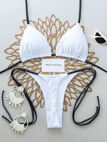 2pcs Solid Color Sexy Backless Tie Halter Women's Swimsuit Bikini, Beach Resort/Stage And Concert Wear, Summer Vacation White - White - View 1