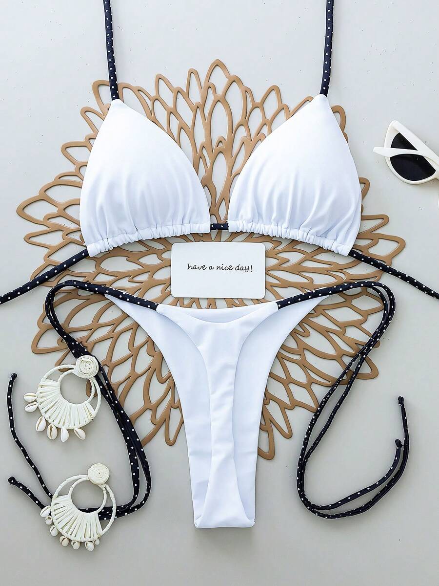 2pcs Solid Color Sexy Backless Tie Halter Women's Swimsuit Bikini, Beach Resort/Stage And Concert Wear, Summer Vacation White - White - View 1