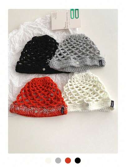 1pc Bright Color Hollow Knitted Crochet Beanie Hat, Grey Slouchy Beanie Cap, Lightweight Knit Hat For Women, Spring/Summer New Arrival, Versatile Handmade Knitted Headwear
