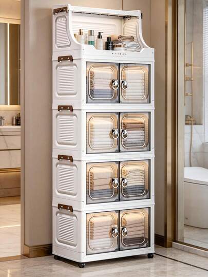 1pc Plastic Folding Storage Cabinet, Double Door Home Living Room Toy Organizer Box, Bedroom Wardrobe Storage Cabinet With Wheels, Clothing Closet Storage Box, Kitchen Trolley Storage Rack