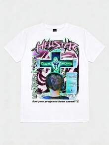 Hellstars Path 2 Paradise Progress Saved Computer Y2K Graphic T-Shirt,220g 100% Cotton,Round Neck Short Sleeve,White Streetwear Essential,Unisex Style - 白色 - 查看 1