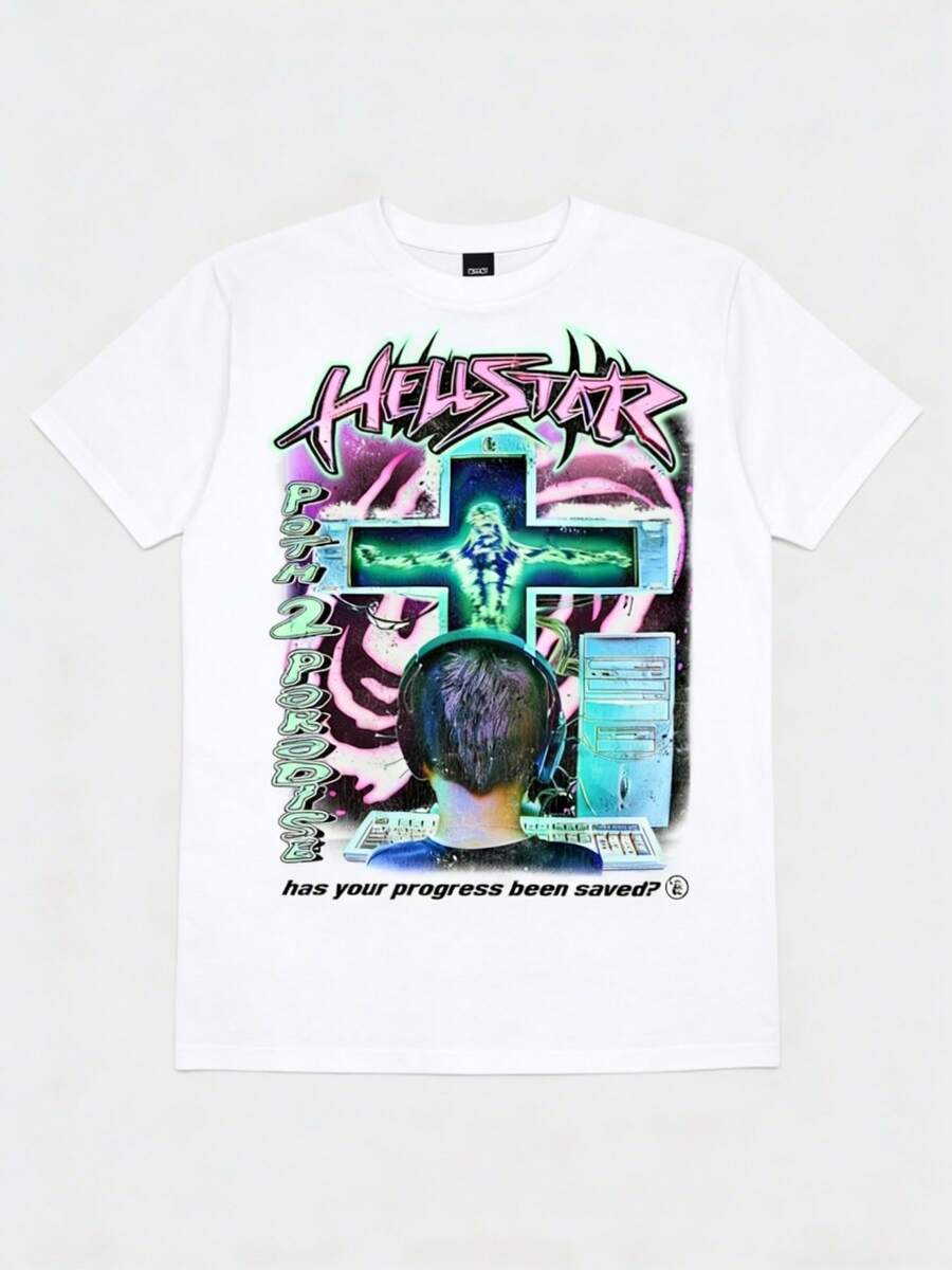 Hellstars Path 2 Paradise Progress Saved Computer Y2K Graphic T-Shirt,220g 100% Cotton,Round Neck Short Sleeve,White Streetwear Essential,Unisex Style - 白色 - 查看 1