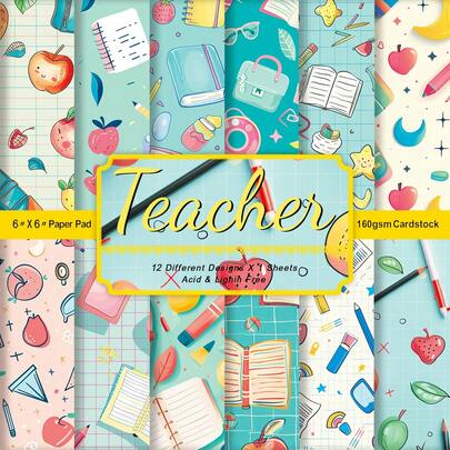 12pcs Teacher-Themed Scrapbook Paper, 6*6inch Fruit Book, Ple, Book, Stationery Graphic Design Art Craft Pattern Cardstock Paper For Junk Journals, Card Making, Greeting Card, Photo Albums And Crafts, Back To School & Graduation Season & Teacher's Day Gift