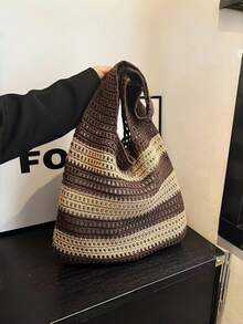 女士撞色编织单肩包，镂空条纹，编织时尚配饰，镂空手提包，购物袋，单肩包，钩针条纹编织沙滩包，大容量多功能女士包，欧美撞色提花手提包，简约时尚女士斜挎包，轻便，节日礼物，沙滩旅行包 - 彩色 - 查看 3