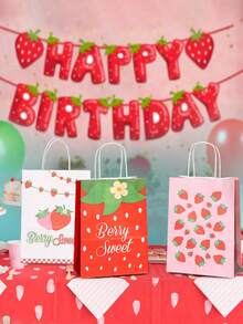 6/12pcs/Strawberry Party Gift Bags Summer Strawberry Gift Bags Cute Strawberry Candy Bags With Handles Strawberry-Themed First Birthday Party Supplies BabyChristening & Wedding Decorations - Multicolor - View 2