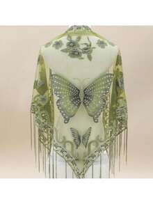 29.5inch * 55.1inch Triangle Scarf, Butterfly Flower Embroidered Lace Tassel Shawl, Elegant Breathable Windproof Outdoor Accessories - 黑色 - 查看 11