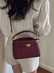 New Burgundy Solid Color Elegant Portable Handbag For Women - Burgundy - View 6