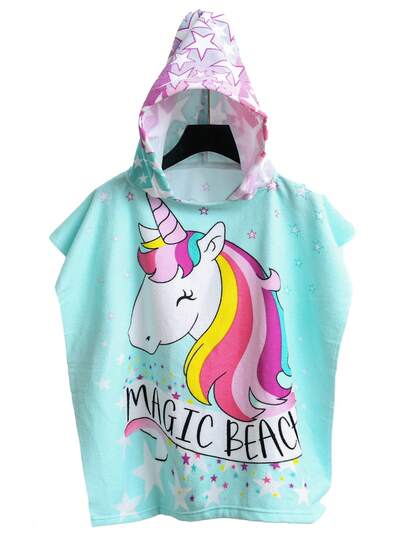 Hooded Bath Towel, Super Absorbent Hooded Bath Towel Dress, Suitable For Swimming Pool, Beach, Bathroom | Blue Unicorn Pattern