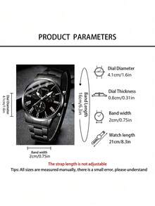 4pcs/Set Casual Business Men's Quartz Watch Set, Including 1pc Men's Quartz Watch And All-Black Accessory Set (Metal Band Roman Numeral Chronograph Watch, Chain Bracelet, Cross Necklace, Textured Ring) - Black - View 4