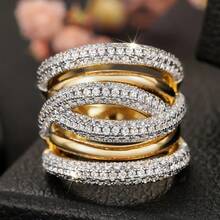 时尚宫廷风线条组合设计戒指，镂空镀金锆石美学珠宝礼品 - 金色 - 查看 2