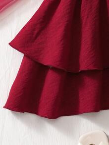 Setelan 2 Potong Rompi Bunga Mawar 3D dan Rok Dua Lapis dengan Hiasan Pita yang Modis dan Elegan untuk Anak Perempuan, Musim Panas - Burgundy - View 10