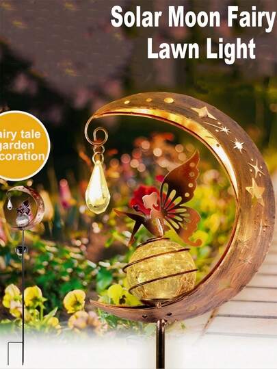太阳能月亮仙女草坪灯 - 防水，低压LED花园装饰灯，内置600mAh镍氢电池，非常适合庭院小径和凉亭，营造精灵奇幻氛围，金属质感，花园小径凉亭装饰