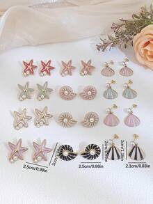 6 pares de pendientes con conchas marinas, estrellas de mar y perlas falsas, joyas de estilo playero colorido para uso diario, bodas, fiestas y vacaciones. También adecuado como regalo para el Día de la Madre, Pascua o cumpleaños. - Multicolor - Ver 4