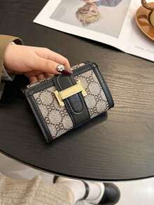 Women's Tri-Fold Flap Closure Short Black Floral Print Classic Multi-Card Holder Anti-Scan Bank/ID Card Vintage Style Compact Wallet - Nâu 4 - Xem 5