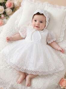 Baby Girl Cute Petal Sleeve White Dress, High-End Embroidered Tulle Puffy Dress, Elegant Party Dress For Flower Girl, Wedding, Birthday, Banquet, Suitable For Girls' Important Occasions, Festivals, Celebrations - White - View 3