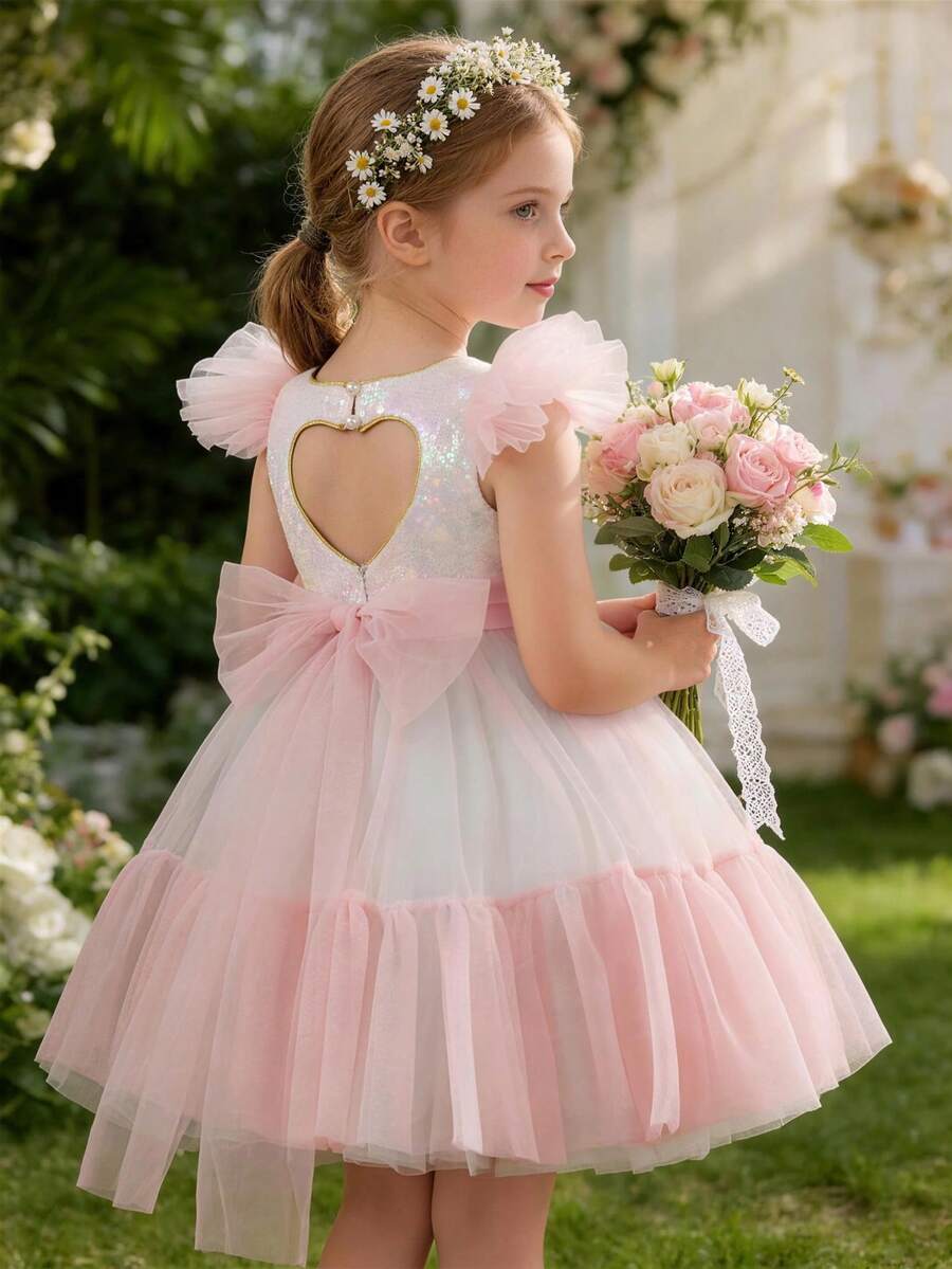 Young Girl Cap Sleeve Heart Decor Party Dress, Tulle Colorblock Princess Dress Fit For Birthday Party, Banquet, Prom, Wedding Flower Girl, Holiday Celebration - 淺粉色 - 查看 1