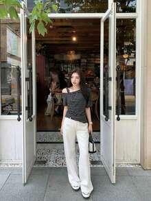 休闲扭肩短袖T恤，修身复古风女式上衣，夏季 - 條紋 - 查看 3