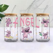 Disney 1pc 16oz Glass Cup With Cute Angel Pattern, Comes With Lid And Straw, Multi-Purpose Water Bottle, Boxed With Anti-Counterfeit Code - Angie - View 5